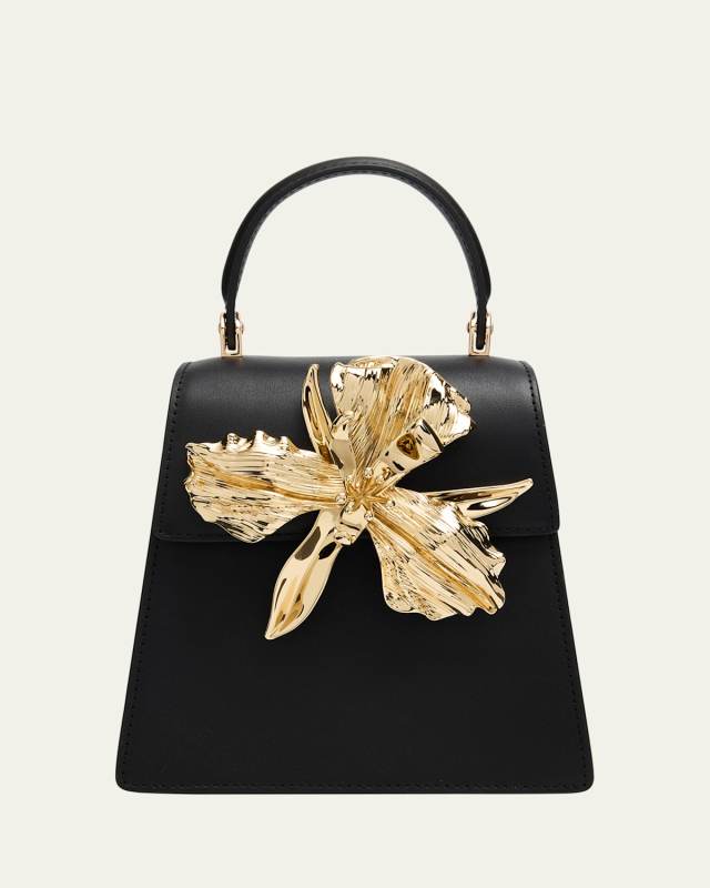 Emilia Flower-Embellished Leather Top-Handle Bag